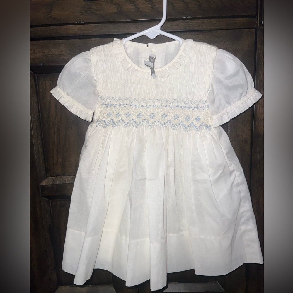 Tot A Porter White Baby Dress with Blue Embroidery